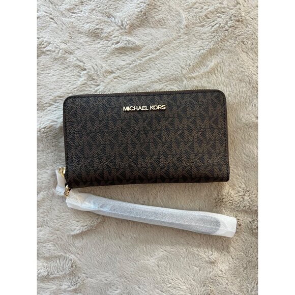 Michael Kors Jet Set Travel Large Brown Flat Phone Case Wallet - Picture 1 of 10